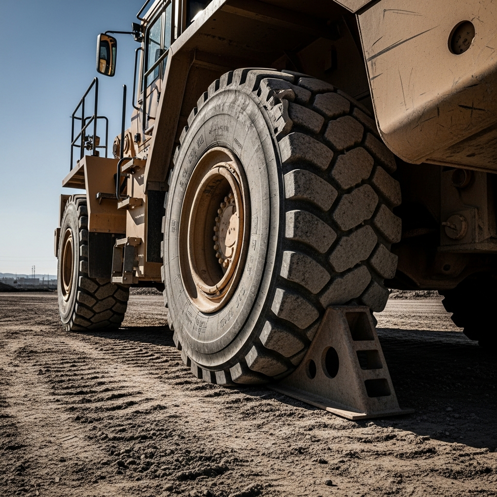 vehicle safety equipment a large industrial vehicle secured with a heavy-duty wheel chock on uneven terrain
