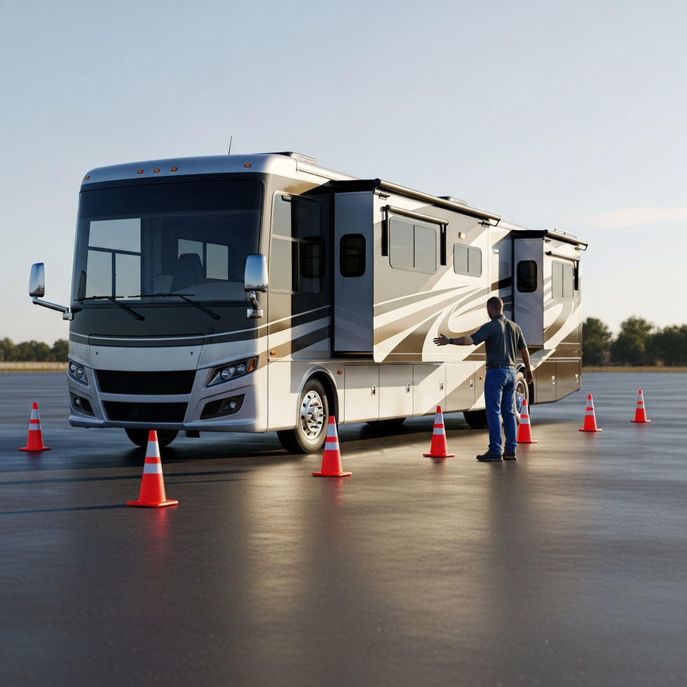 Picture of a large RV being precisely positioned into a storage lot with guide personnel and safety cones, highlighting careful final placement.