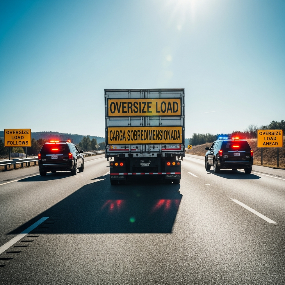 Image showing a transport truck with oversize signage and escort vehicles passing through a highway with clear signage for oversized loads.