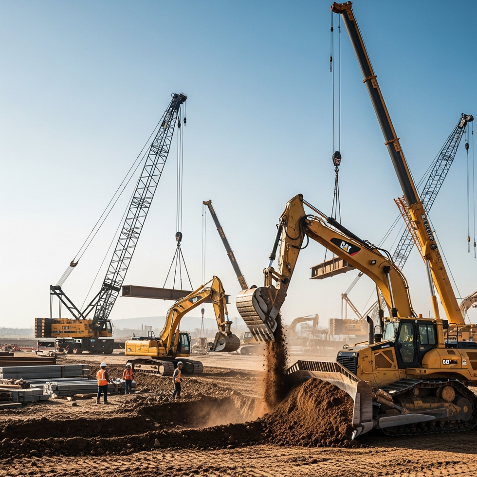 Image showcasing a construction site with various heavy machinery including cranes, excavators, and bulldozers in action
