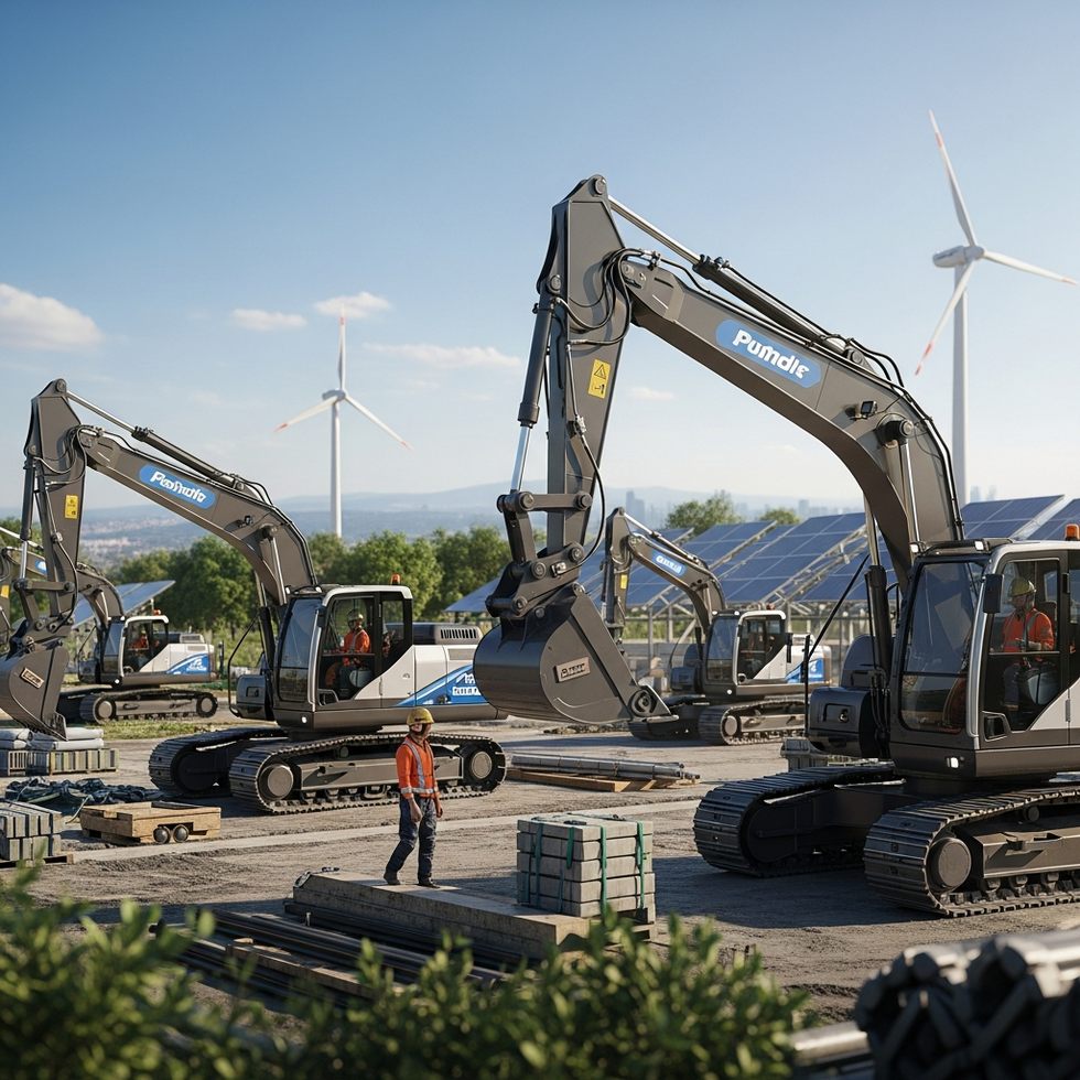 eco-friendly construction An eco-friendly construction site with electric excavators powered by clean energy sources, demonstrating sustainability in heavy equipment.
