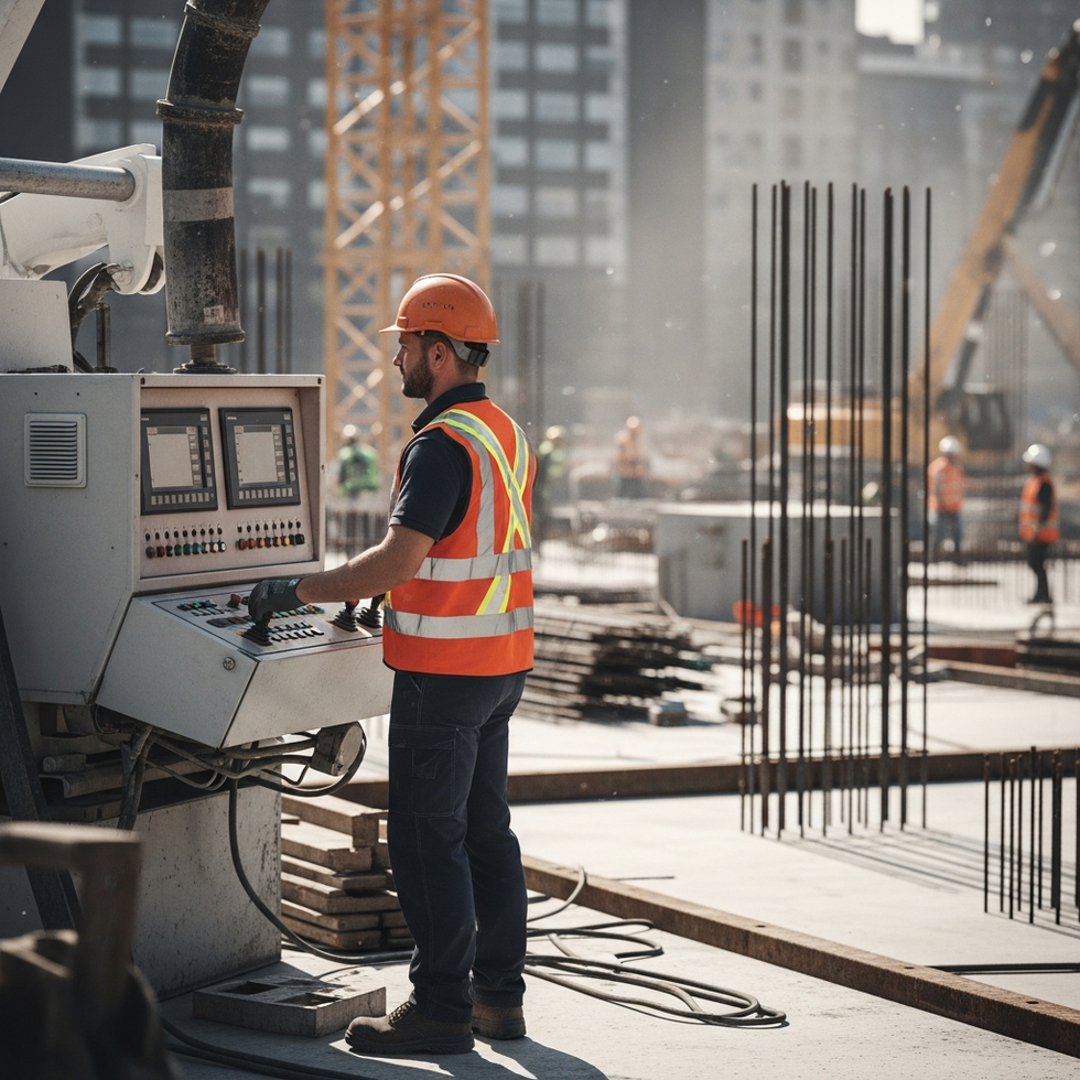 A skilled operator managing a large concrete pump with digital controls at a bustling construction site.
