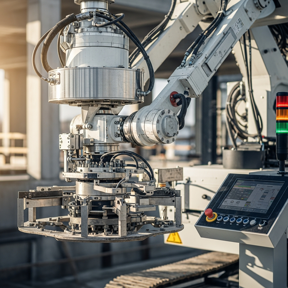 Close-up of a robotic concrete placer working on a complex architectural project, with digital control interfaces visible.