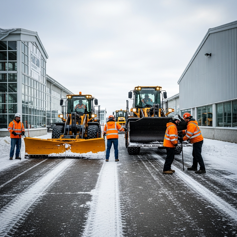 Event staff and heavy equipment in action during snow removal at the Farm Show Complex with a focus on coordination and efficiency