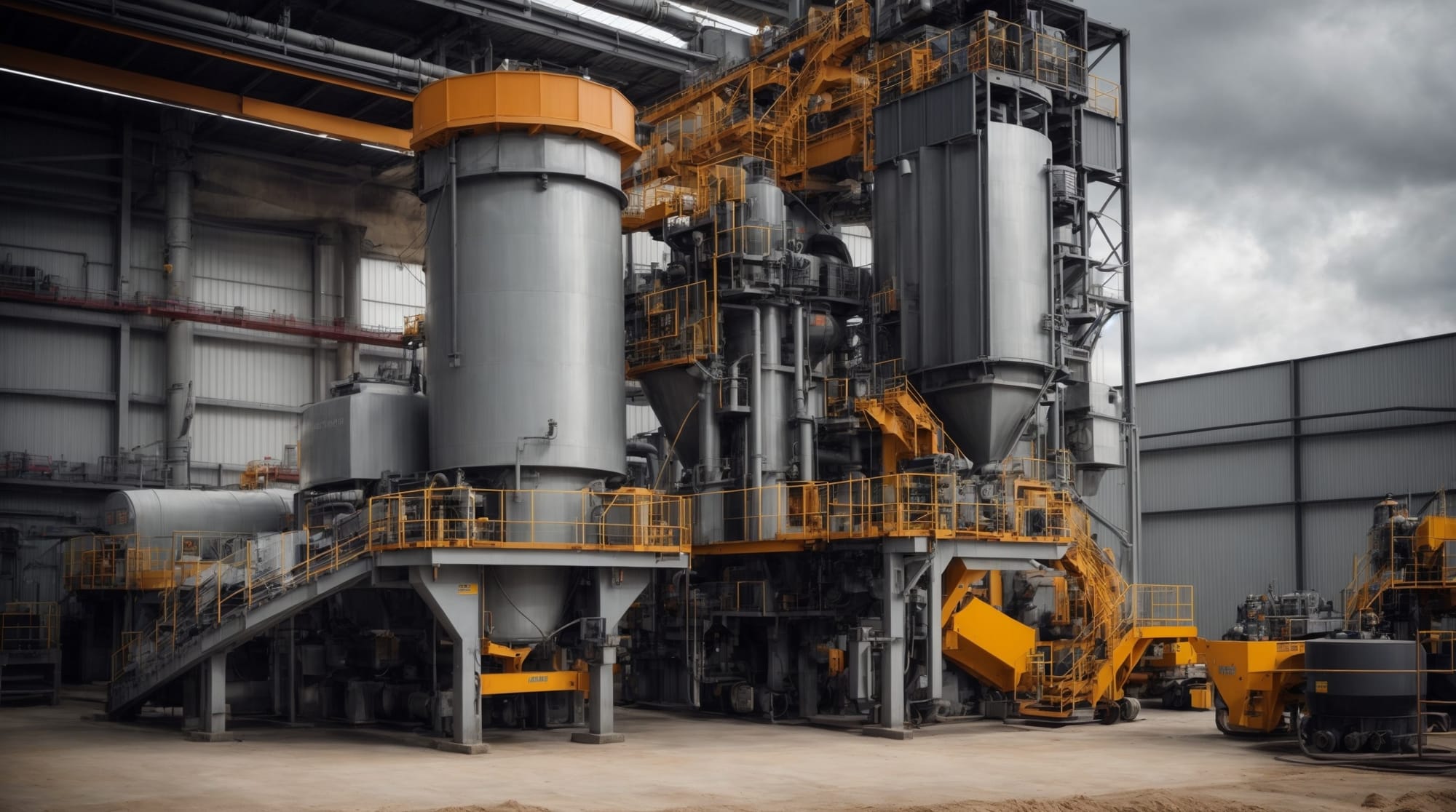 A modern concrete batching plant in operation, showcasing the complex machinery and technology involved in the efficient production of high-quality concrete.