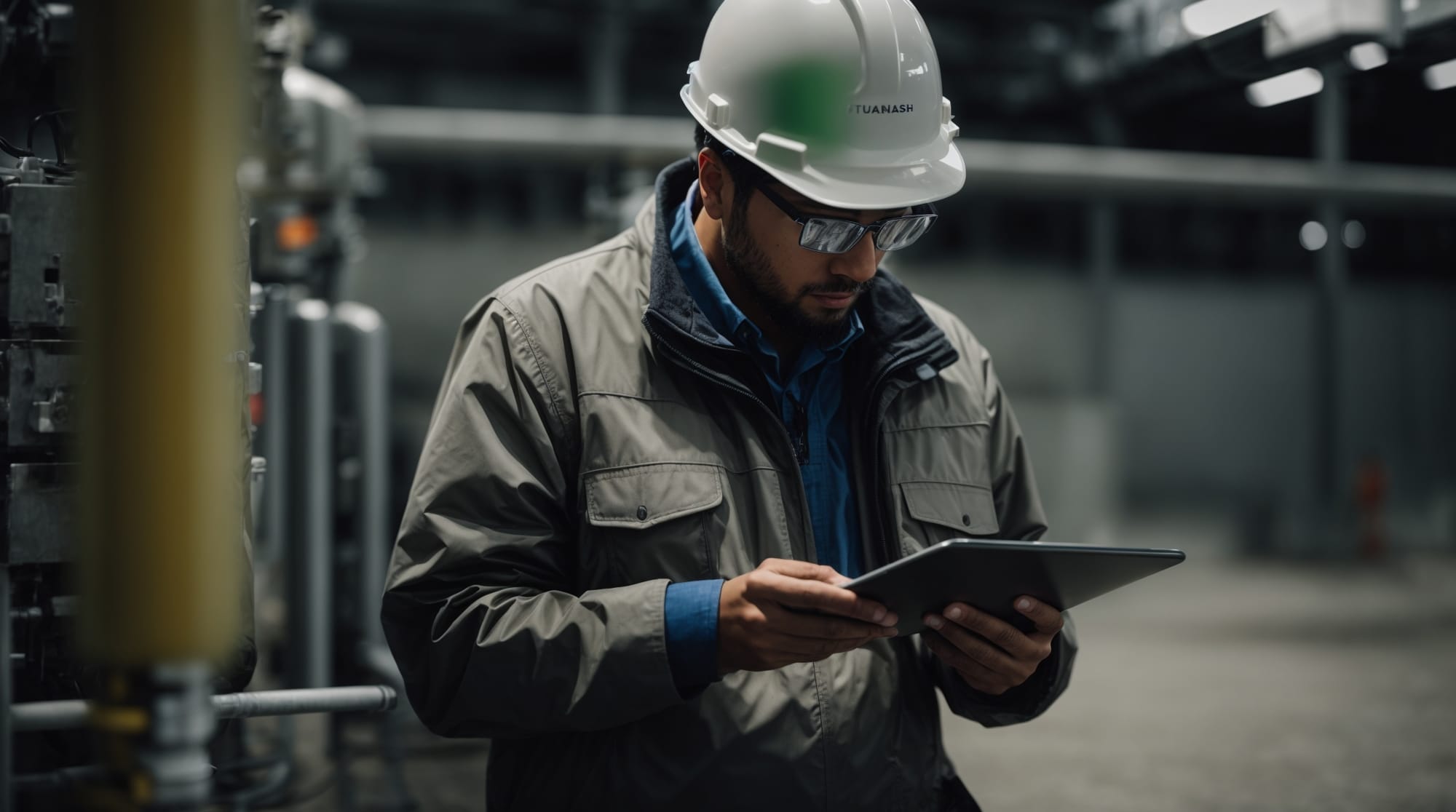 engineer checking sensor data on a tablet at a concrete batching facility