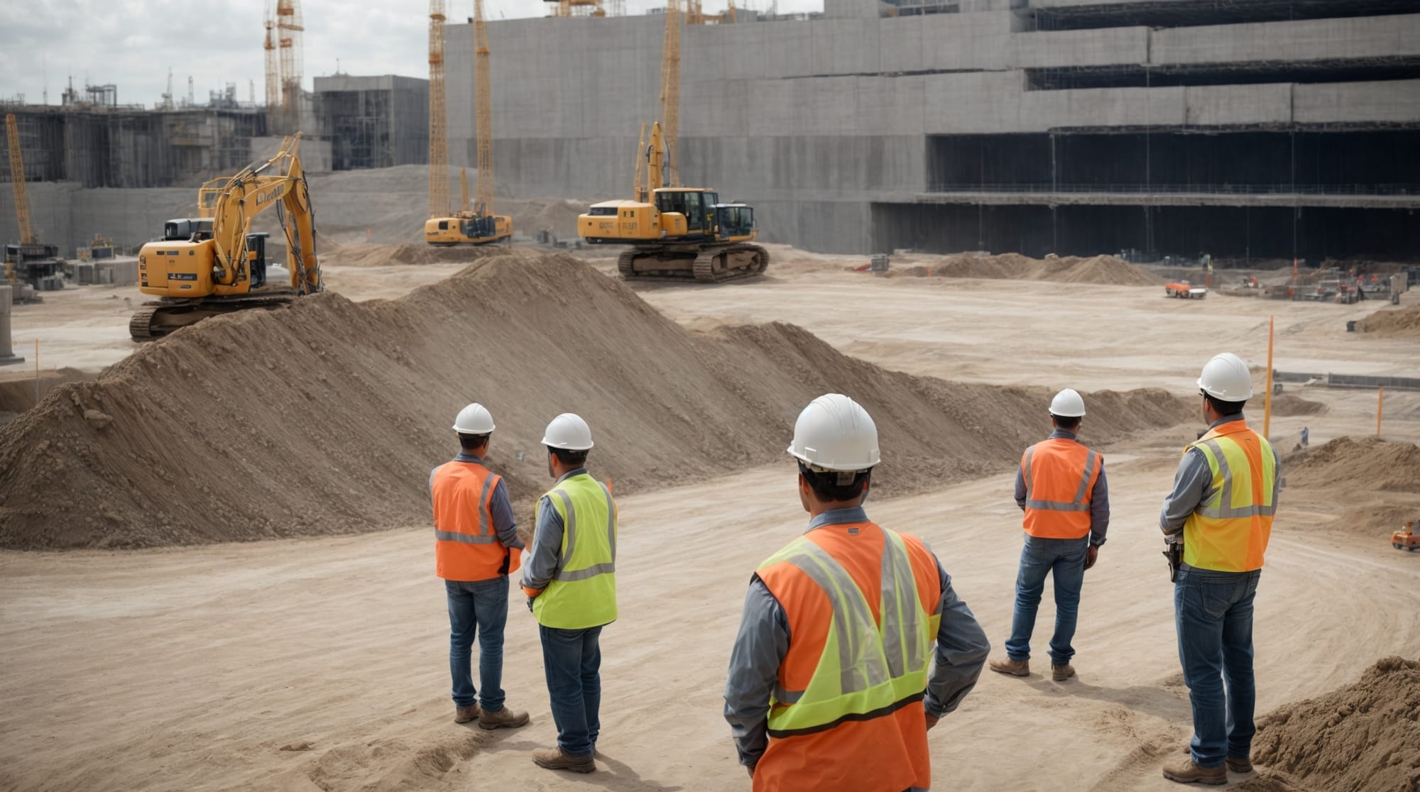 case study Construction engineers overseeing concrete mixing at a major project site