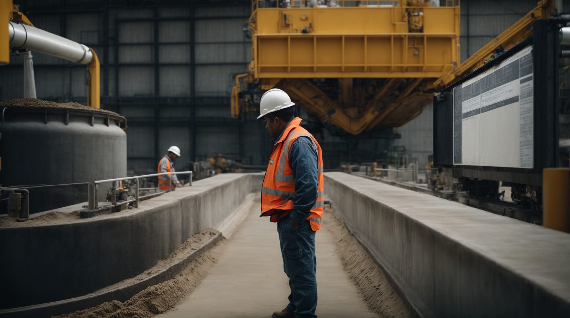 concrete batching construction worker monitoring concrete mix in a state-of-the-art batching plant