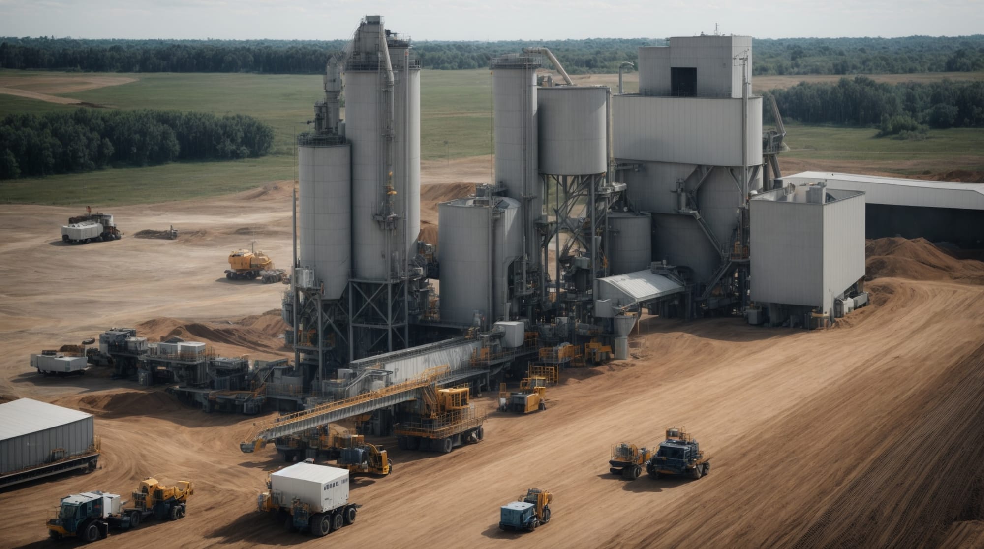 automated concrete batching plant in operation with workers overseeing the process