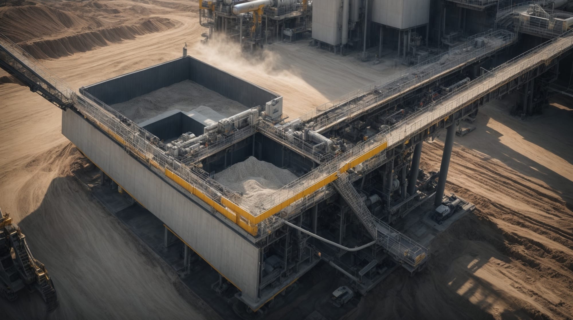 Close-up of machinery mixing concrete in an automated system