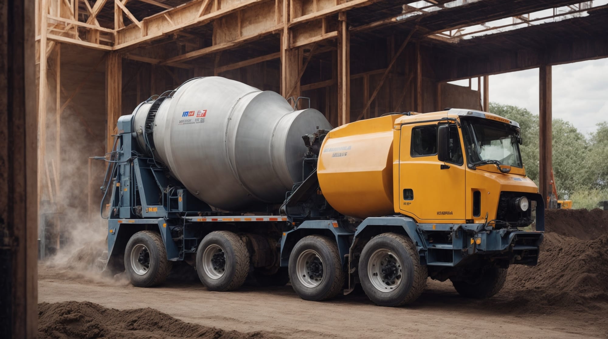 concrete mixer High-performance concrete mixer in action on a construction site.
