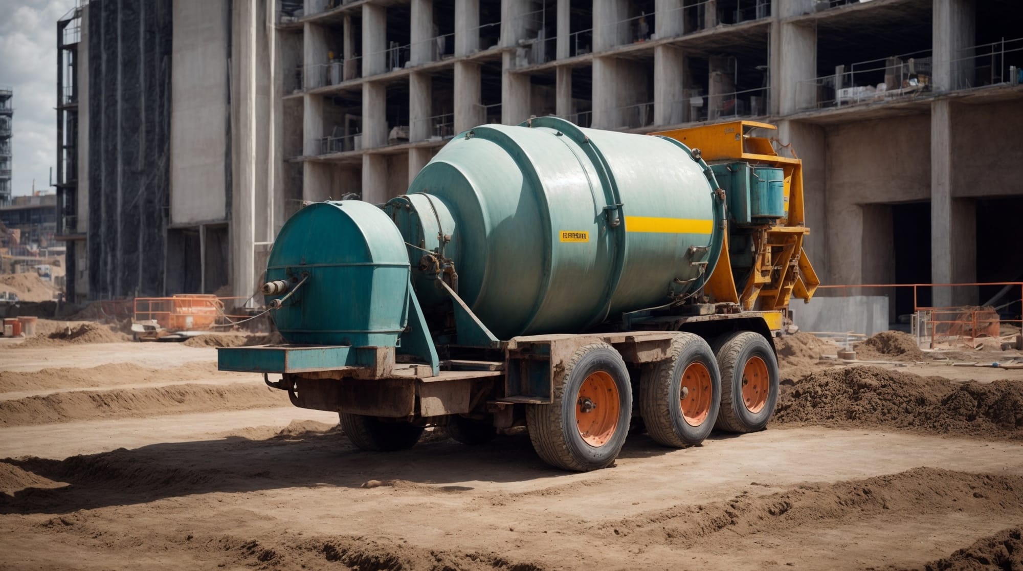 Heavy-duty concrete mixer at a construction site