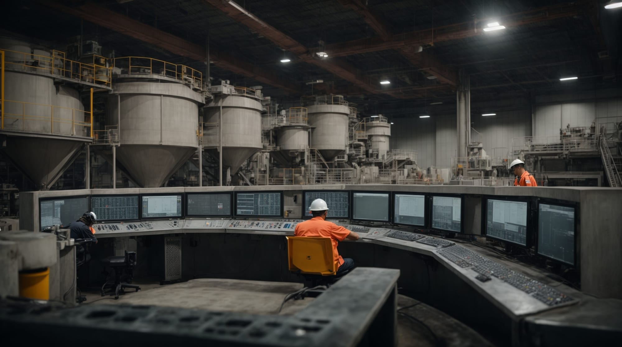 concrete production Operators overseeing a fully automated concrete batching plant from a centralized control room.