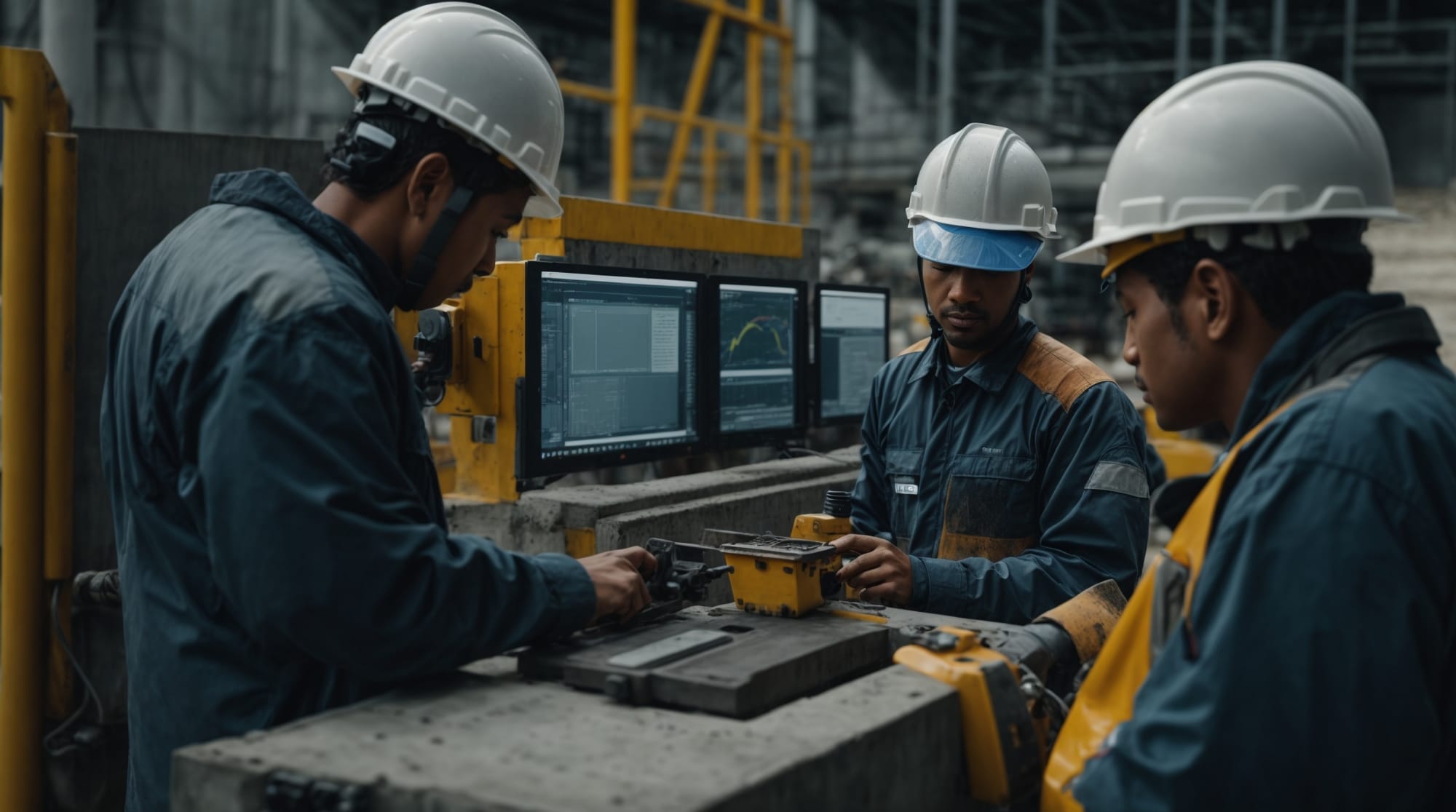Workers monitoring concrete batching and mixing using digital devices