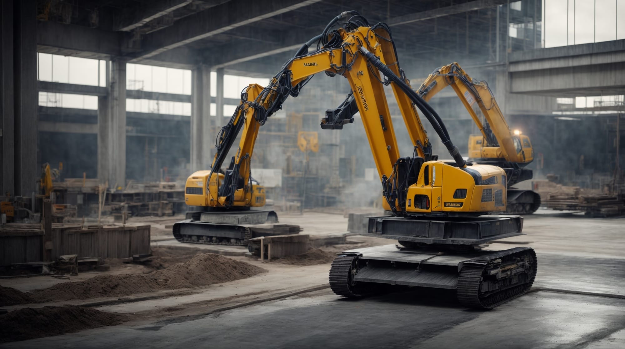 construction efficiency Robotic arms applying concrete in a precision-controlled environment to ensure optimal construction quality.