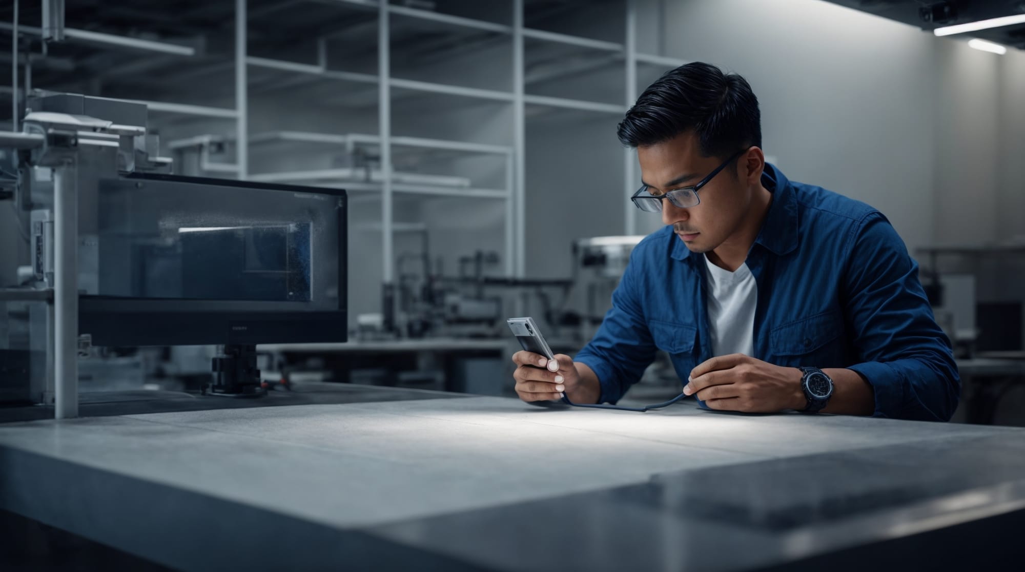 engineer analyzing data from smart concrete technology in a lab