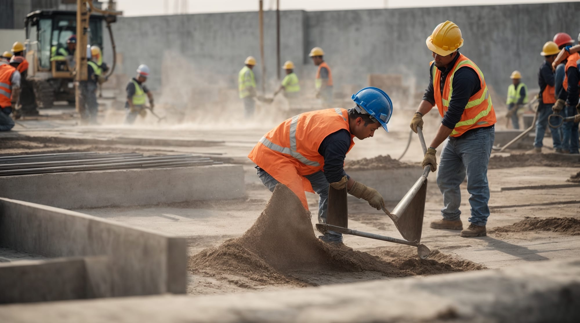 construction workers pouring eco-friendly concrete on a new building site