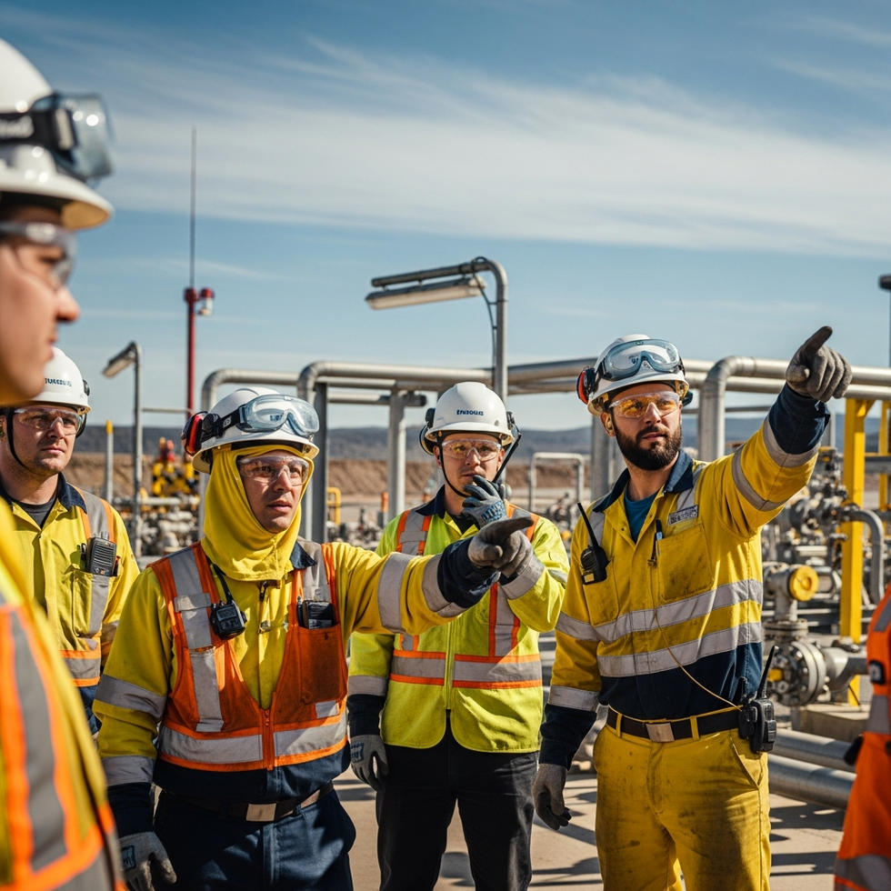 safety training drill A safety drill involving workers in protective gear at an oil sands facility to highlight safety training and preparedness