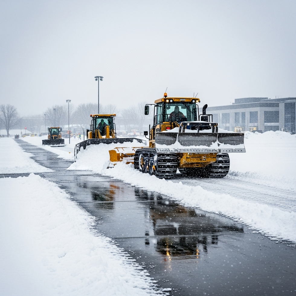 Heavy machinery actively clearing snow at the Farm Show Complex with snow-covered grounds and professionals in action