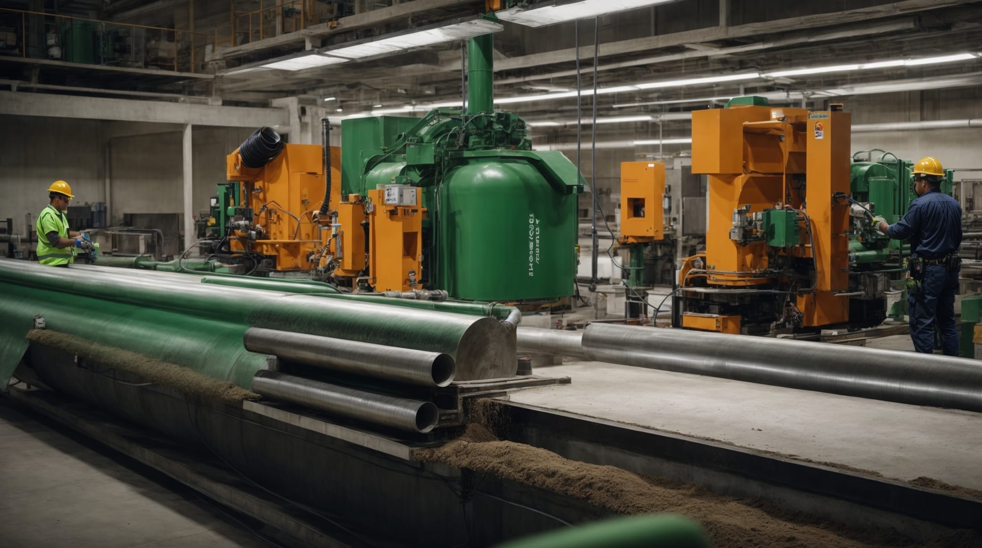 Technicians working on advanced, eco-friendly concrete mixing systems.