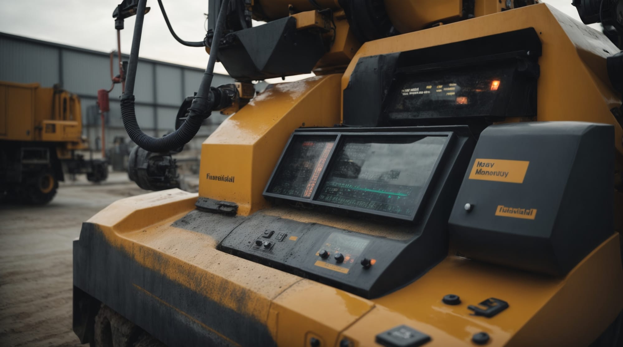 heavy equipment Close-up view of a high-tech concrete mixing system with digital displays