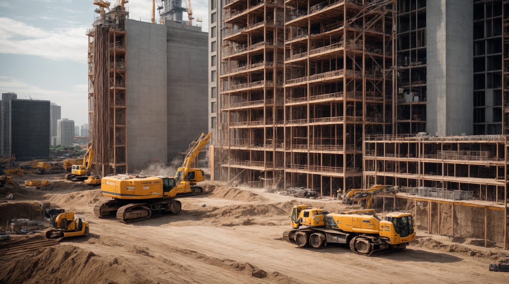High-rise construction site using advanced concrete batching technology