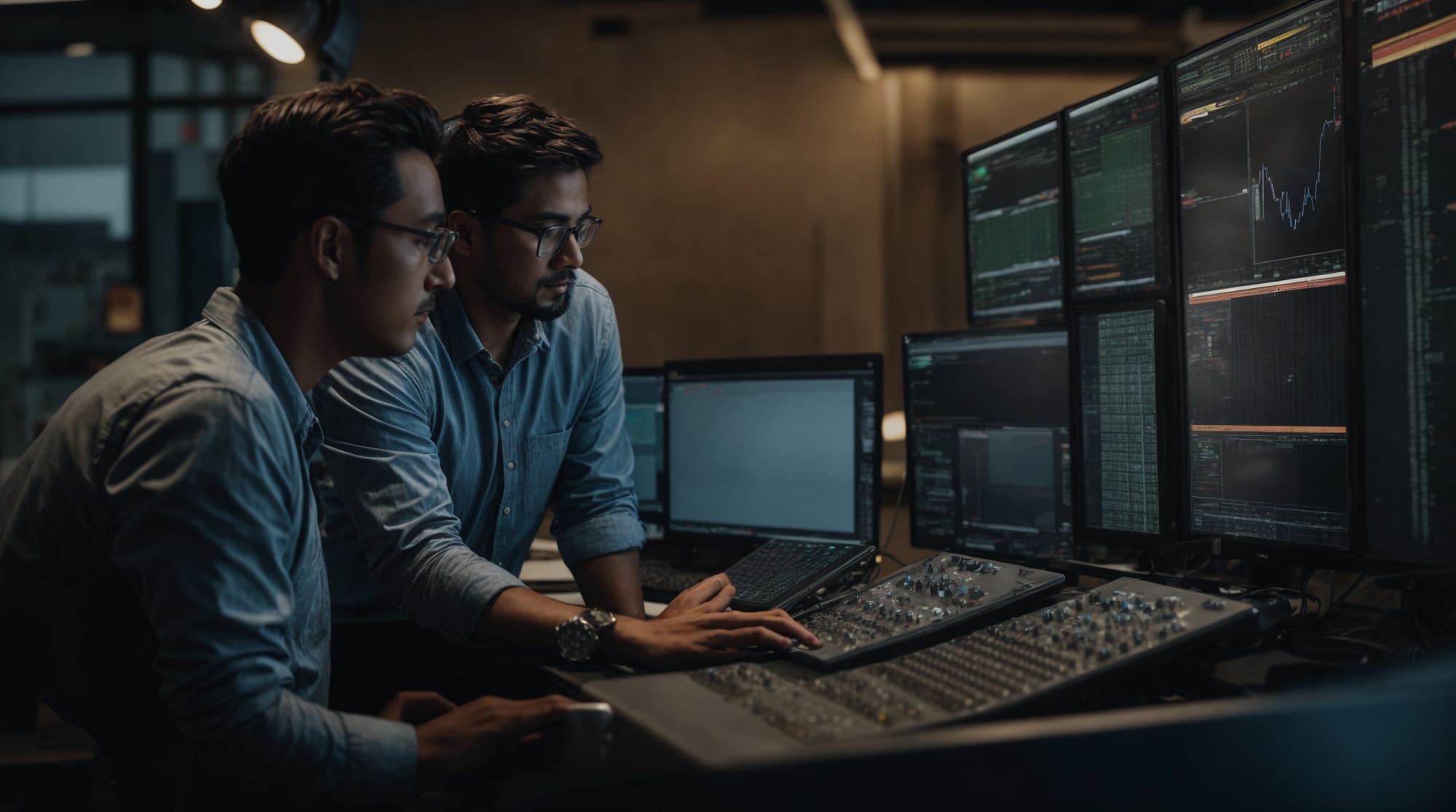 Engineers monitoring data from a concrete mixer to optimize the mixing process and material use