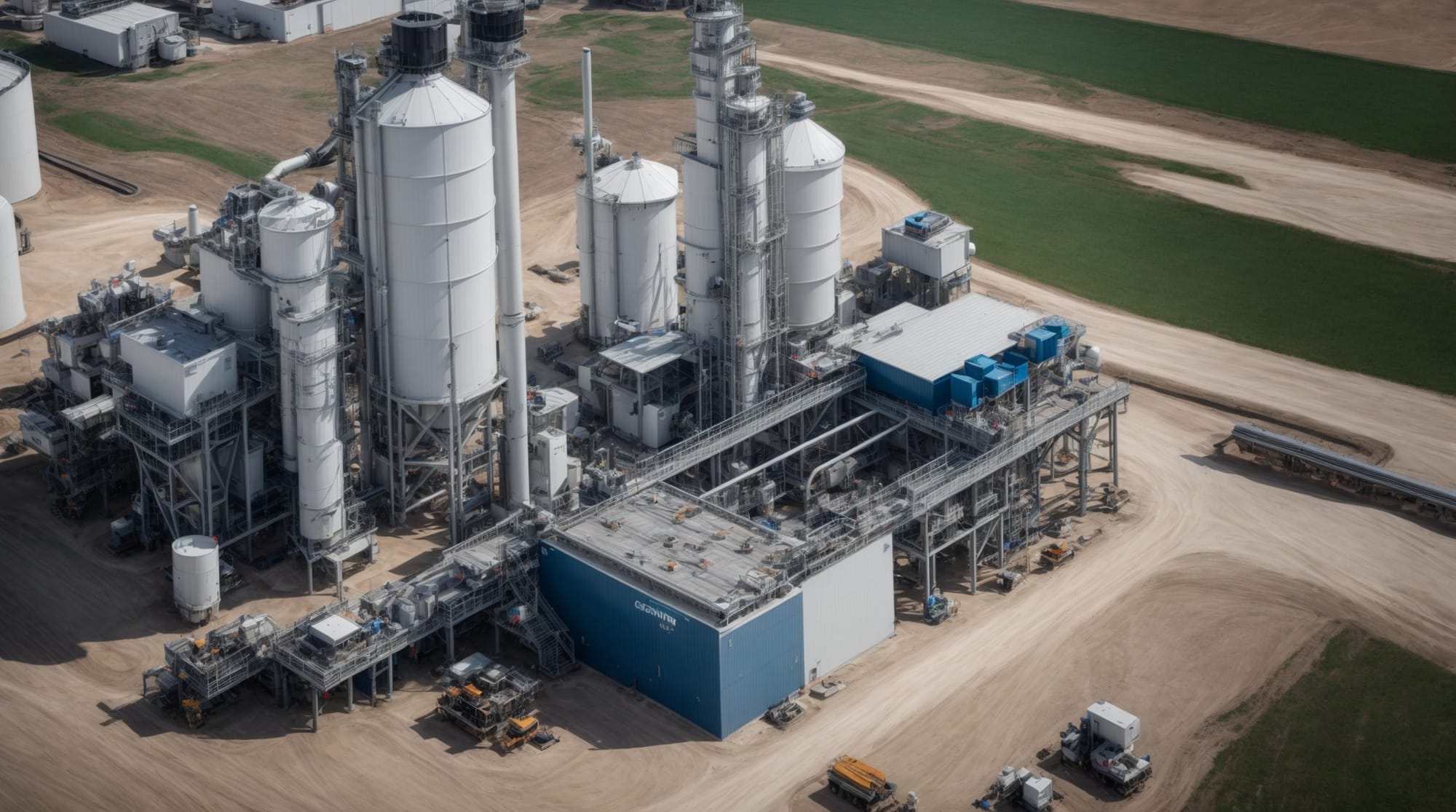 Modern concrete batch plant with drones monitoring the mixing process