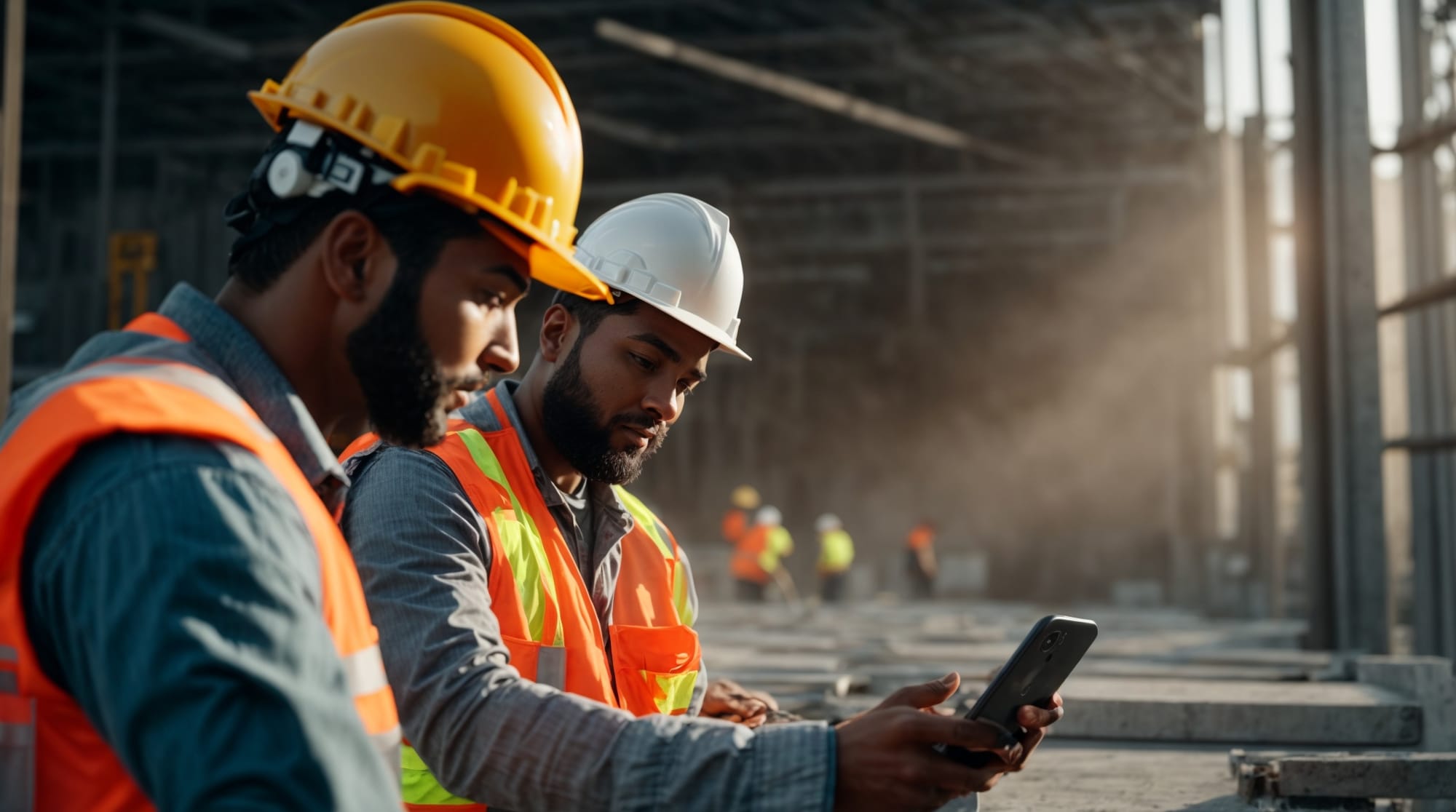 Construction workers using AI-enabled devices to enhance building processes