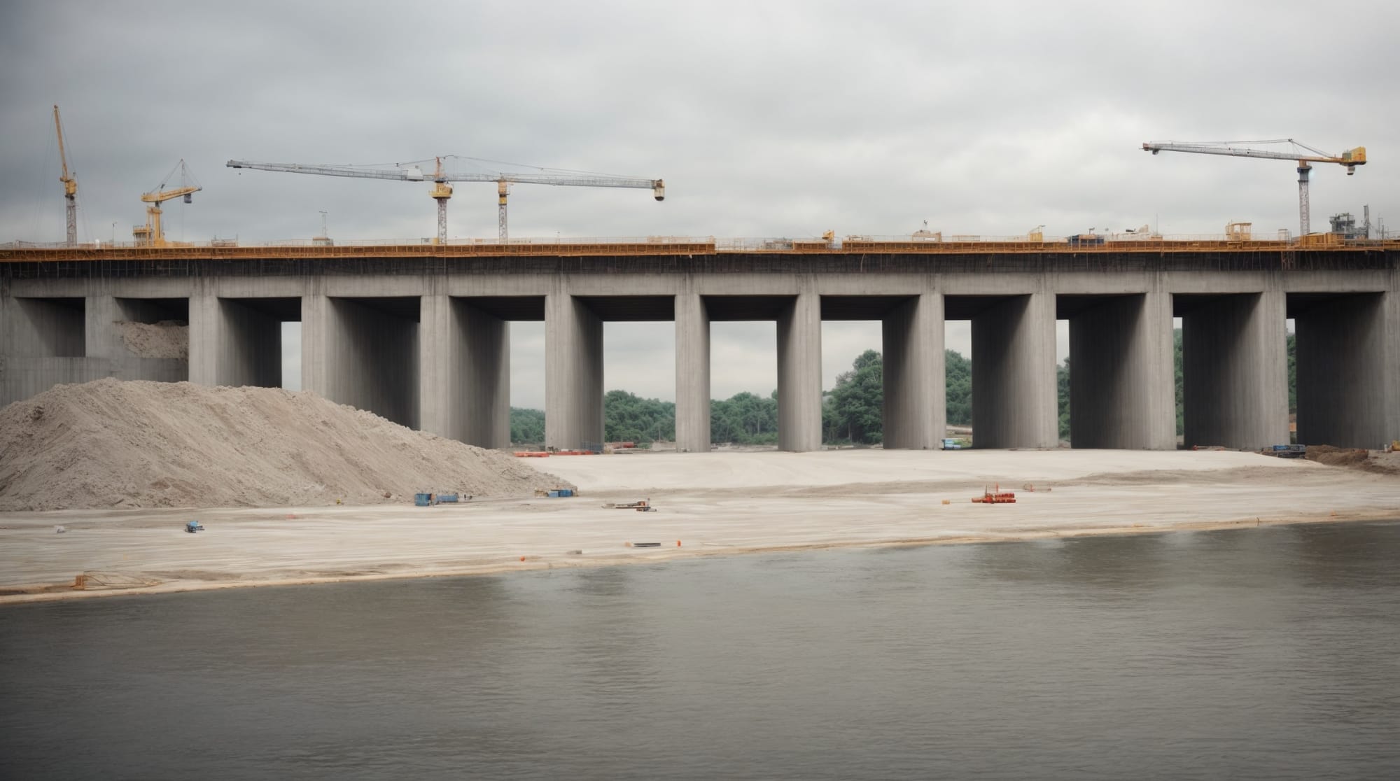 reinforced concrete being used in construction of a large bridge