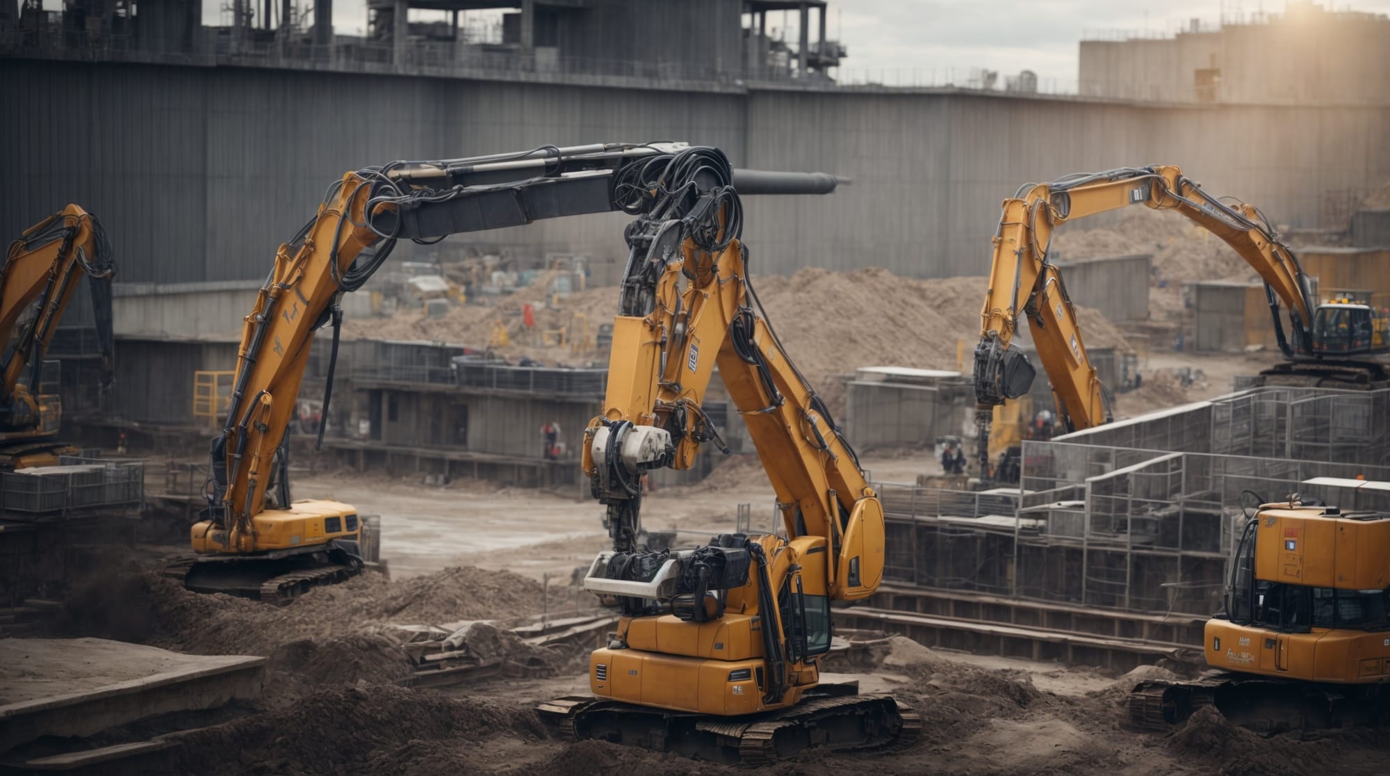 Robotic arms working on a concrete construction site