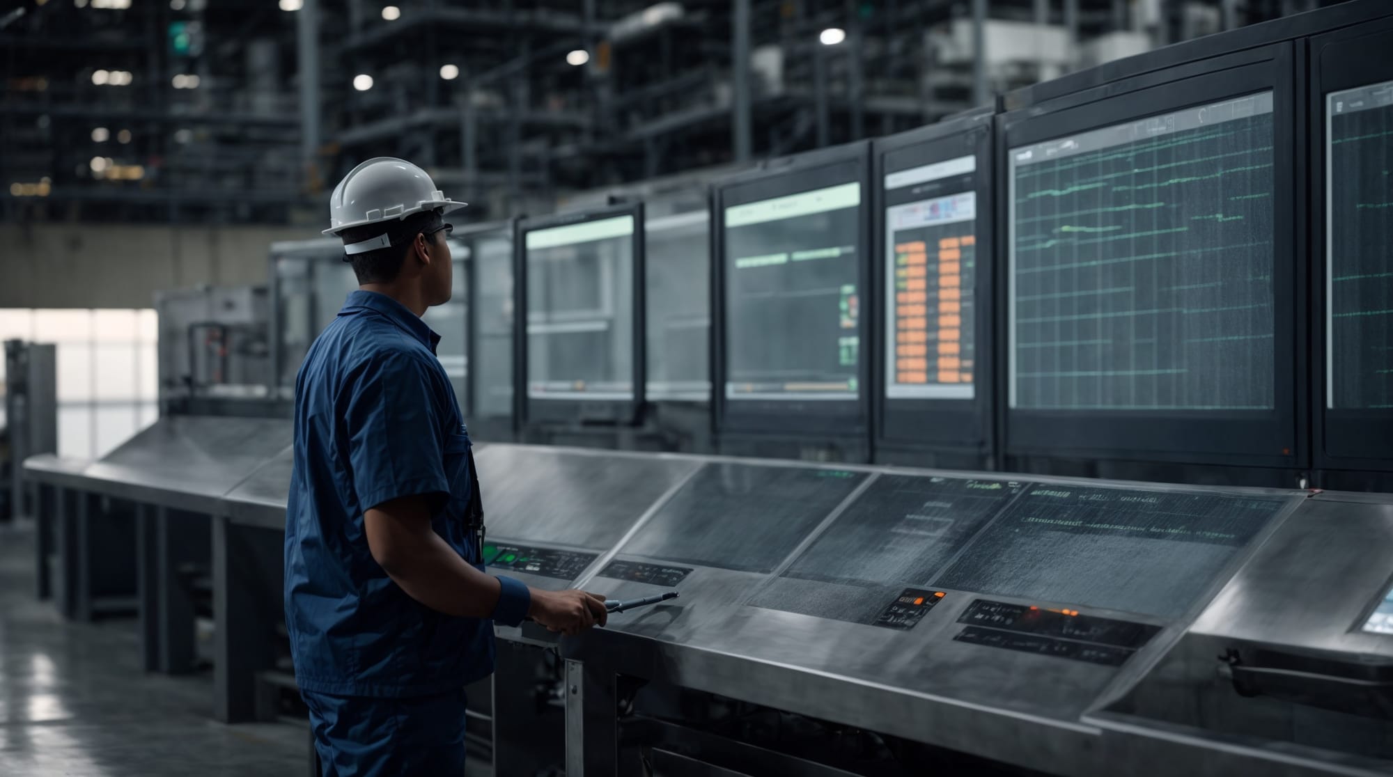 smart batching Technician monitoring advanced batching system at a modern concrete production facility