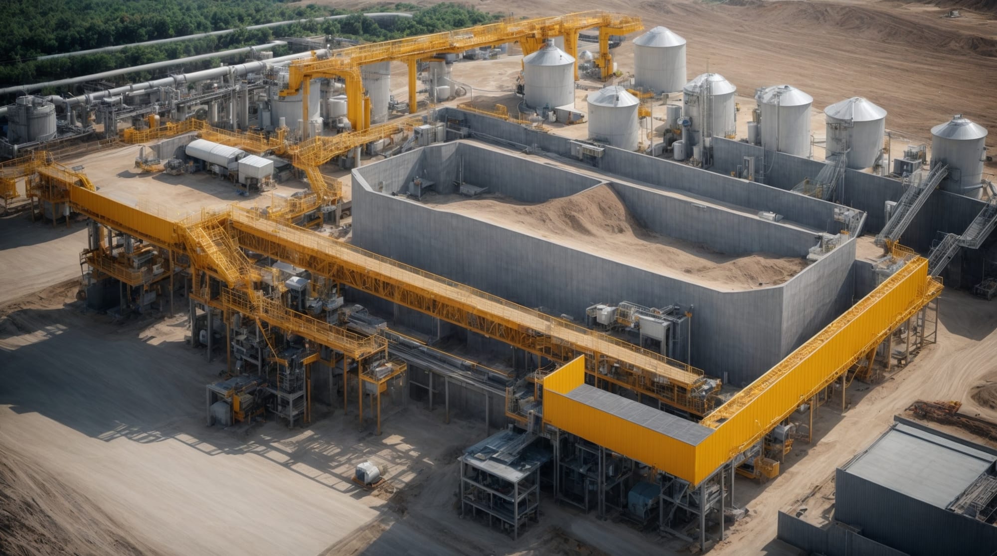 Sustainable concrete mixing facility using recycled materials and optimized systems to reduce environmental impact while maintaining high efficiency.