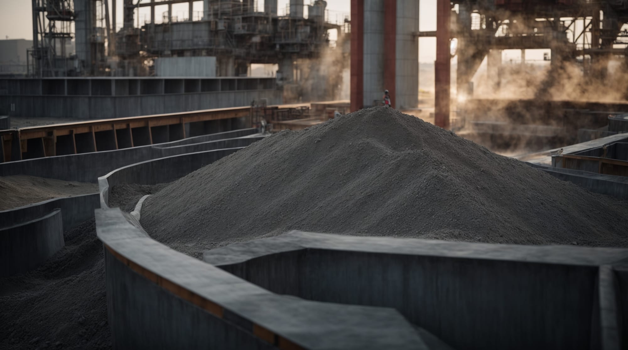 A modern concrete batching plant utilizing recycled materials for sustainable production.