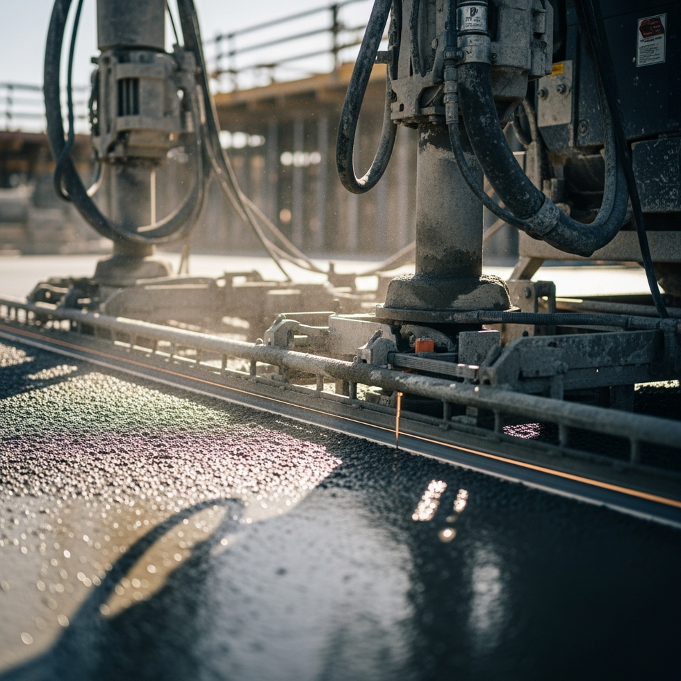 A close-up of high-tech concrete vibrators and laser screeding equipment in action on a construction site.