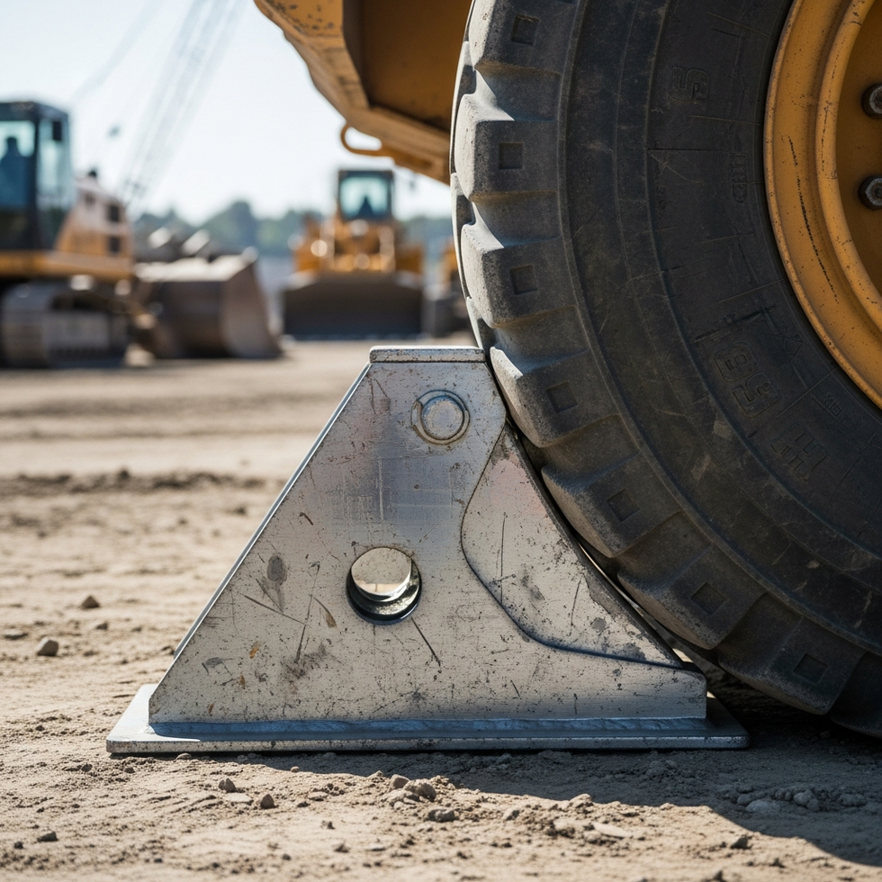 anti-slip wheel chock a heavy-duty wheel chock in use on a construction site to secure a large vehicle