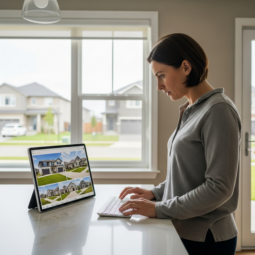 A homebuyer looking at multiple property listings in a competitive suburban market, with a focus on scarcity of new homes