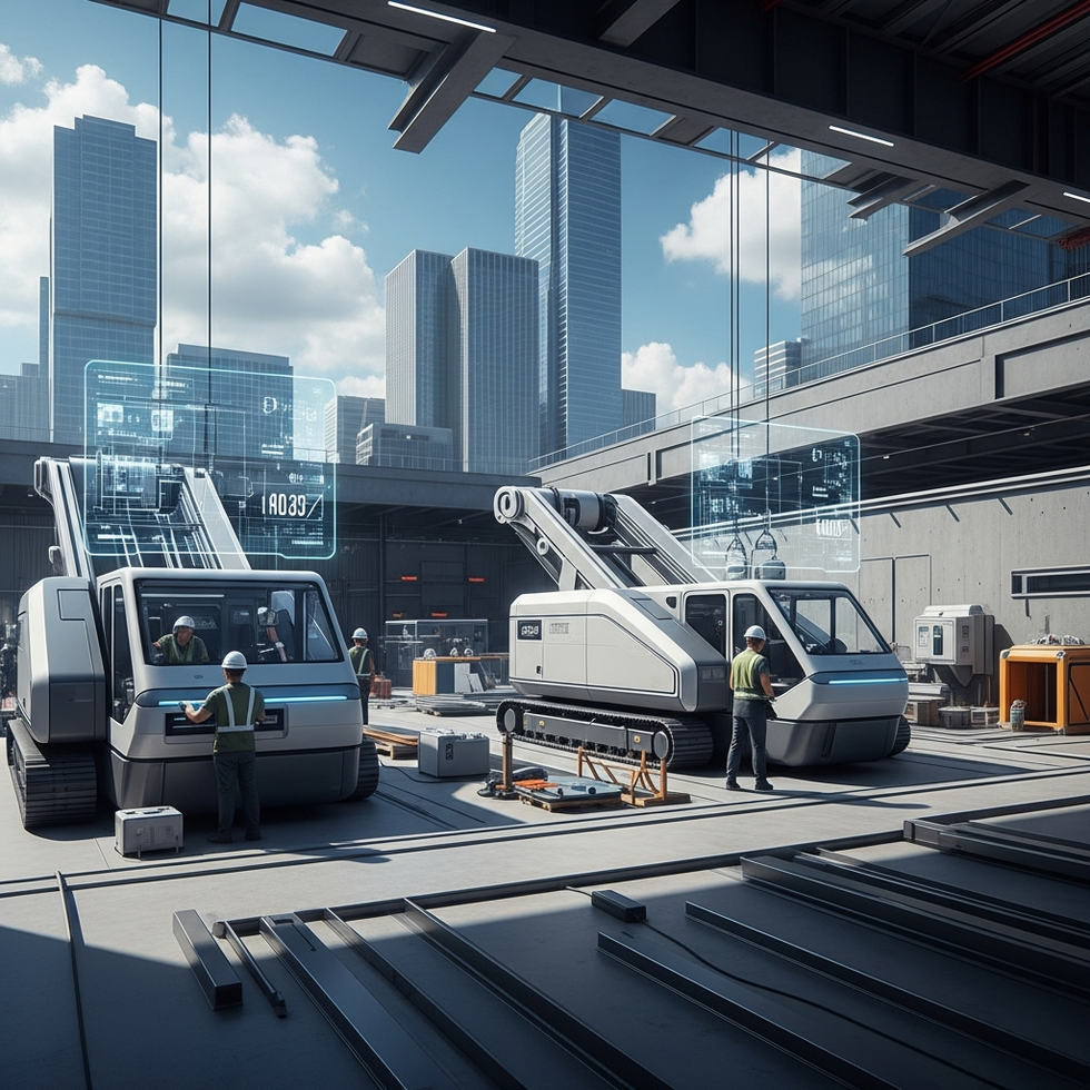 Futuristic construction site with electric machinery, digital overlays, and urban skyline in the background