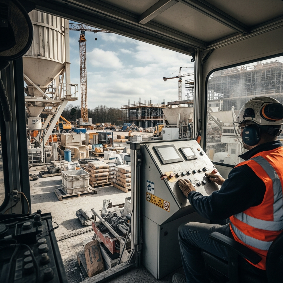 AI-generated image illustrating an operator using an automated control panel inside a mobile batching plant, with visible safety features like emergency stops and safety guards, at a construction site.