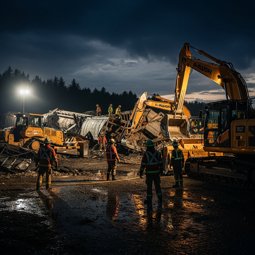 image of heavy machinery arriving at a train derailment site overnight, with responders and safety personnel in action