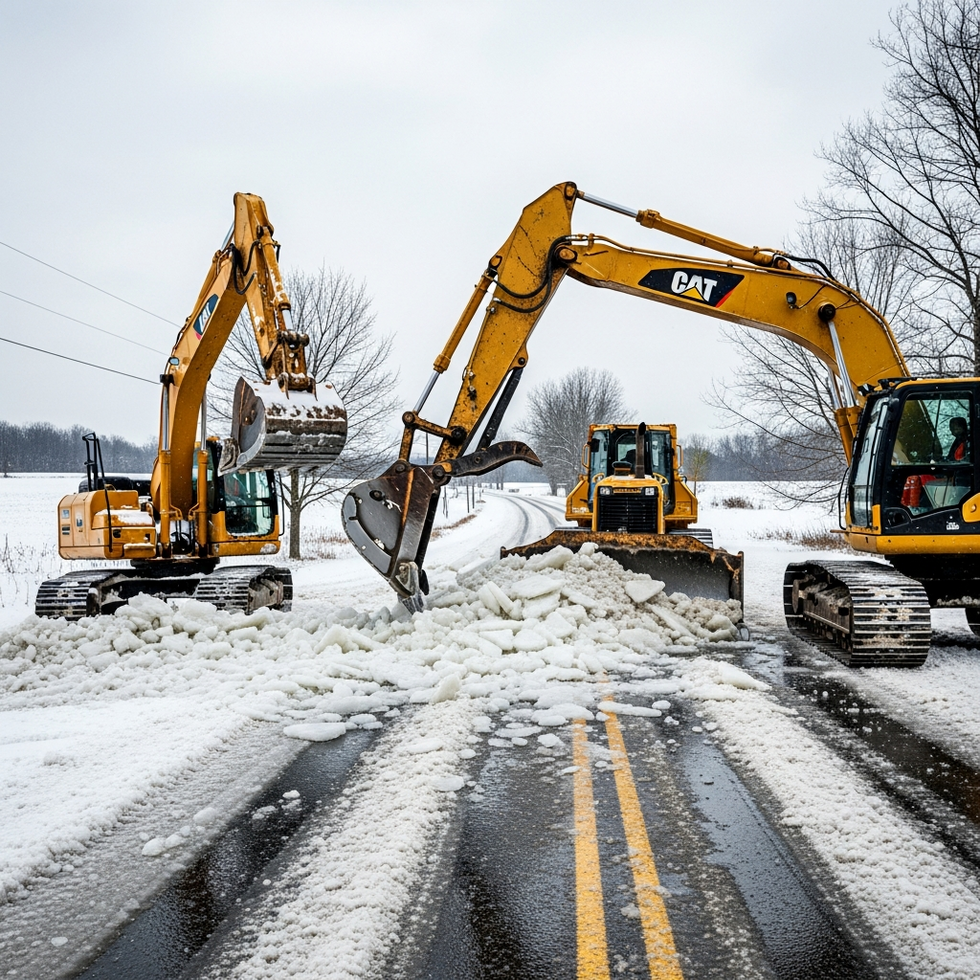 snow removal equipment Heavy machinery actively breaking up ice-covered roads during ongoing snow removal efforts in Virginia.