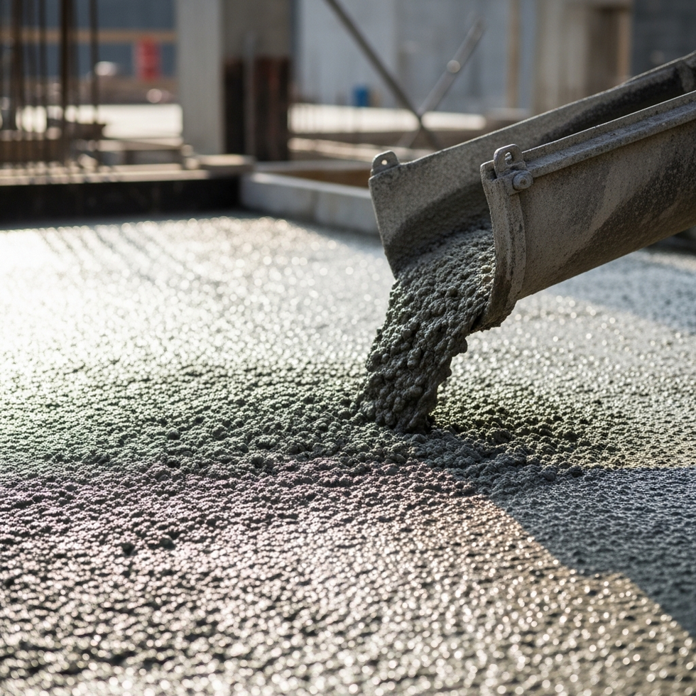 Close-up of high-performance concrete being poured at a construction site, showcasing advanced concrete mix and tools
