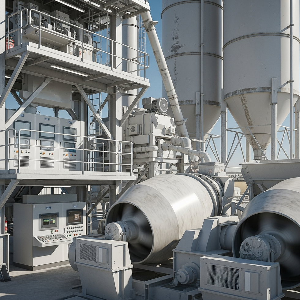 A modern concrete batching plant with automated control panels and large mixing drums operating on a construction site