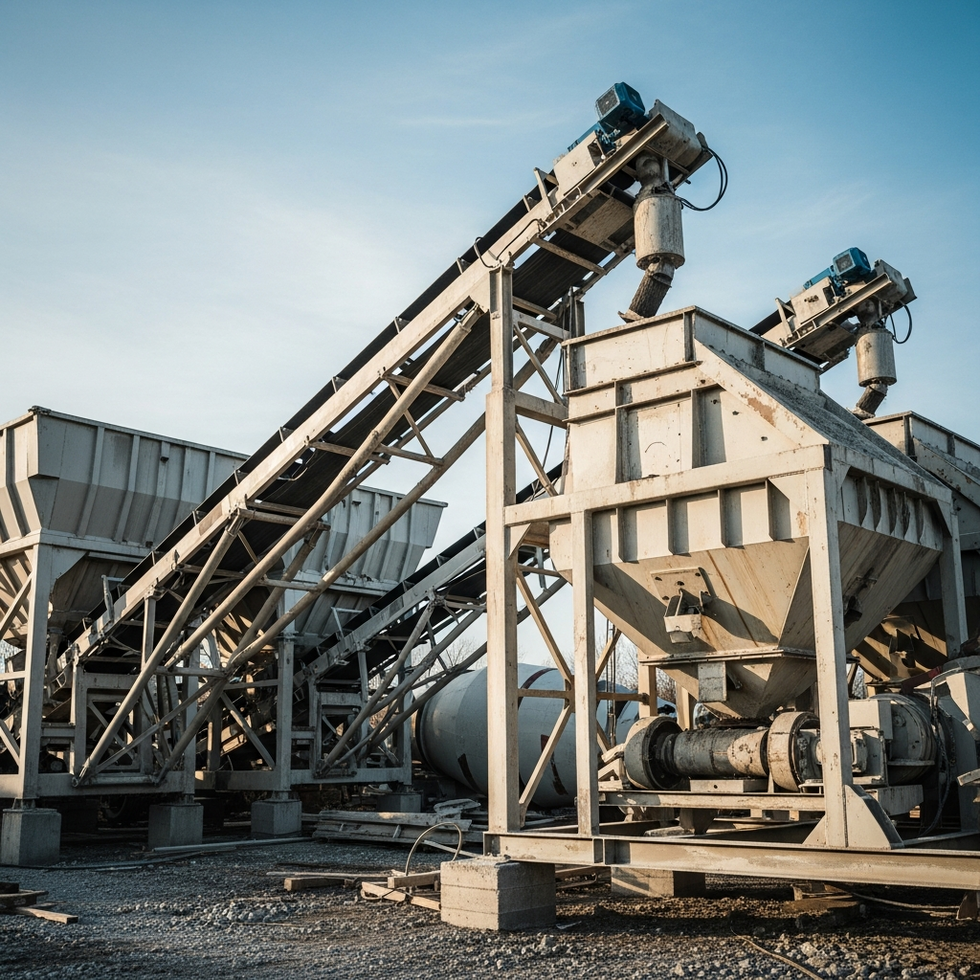 An AI depiction of a rugged, industrial-grade mobile concrete batching plant with heavy-duty conveyor systems, reinforced aggregate bins, and corrosion-resistant features, operating on a construction site.