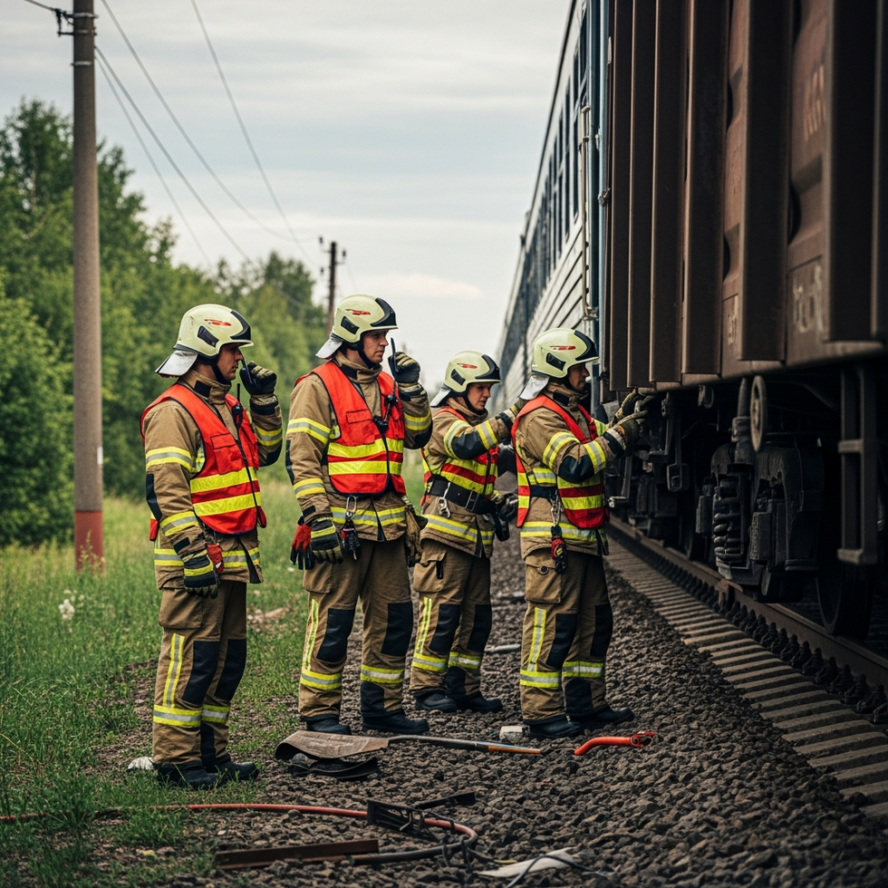 image of emergency responders in protective gear working near derailed train cars with a focus on safety procedures