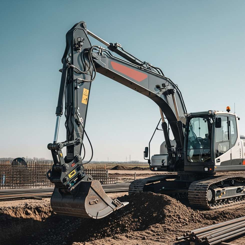 A modern excavator equipped with GPS and sensors working on a construction site under clear skies