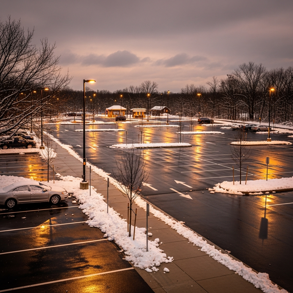 Virginia parking lot A well-lit Virginia Park and Ride lot with cleared pathways and available parking spaces during storm recovery.