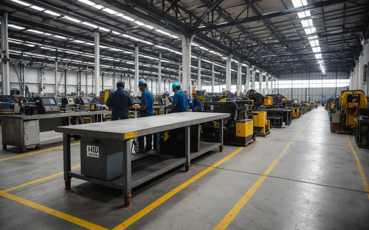 disciplined production A bright indoor heavy manufacturing facility with organized workstations for welding electrical integration and assembly of large concrete plant components showing clear separation between zones under strong overhead lighting.