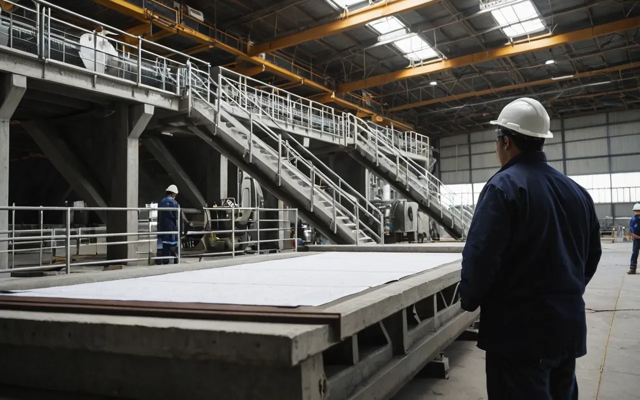 pre-shipment testing A concrete batching plant component undergoing final inspection inside a well-lit assembly hall with workers reviewing checklists and measurement tools near organized storage racks.