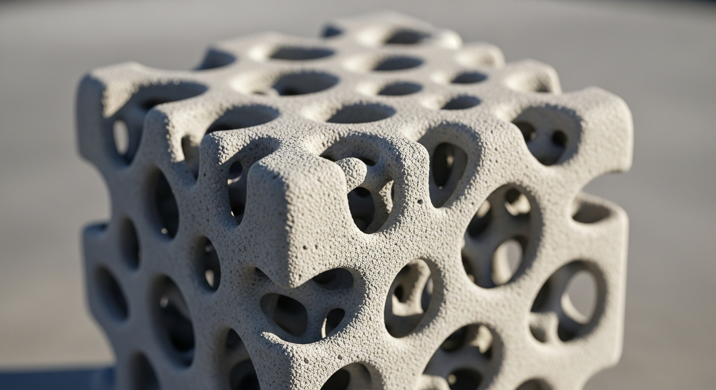 3D printing concrete a detailed close-up of a 3D printed concrete block with intricate porous surface design exemplifying complex geometries for strength and CO₂ absorption